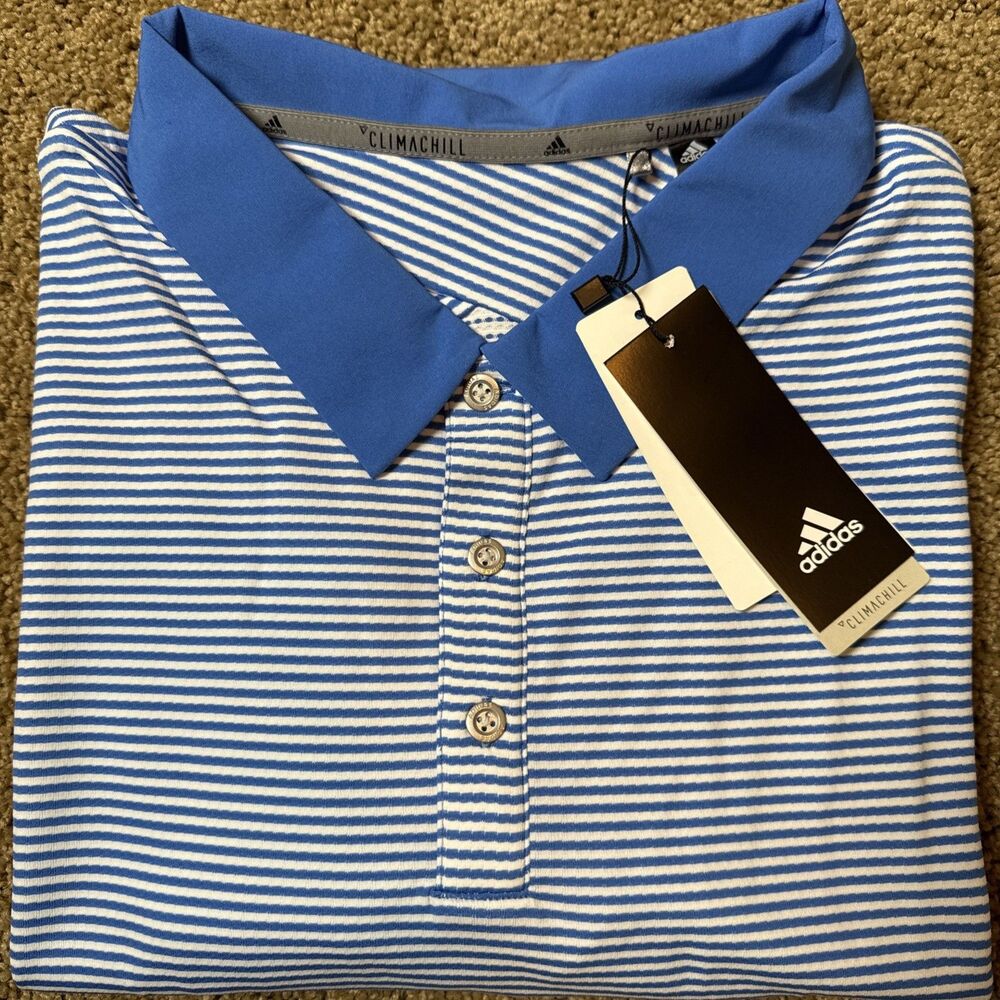 NWT Adidas Climachill Men's Golf Polo Shirt Blue Stripe 2XL Short Sleeve Stretch